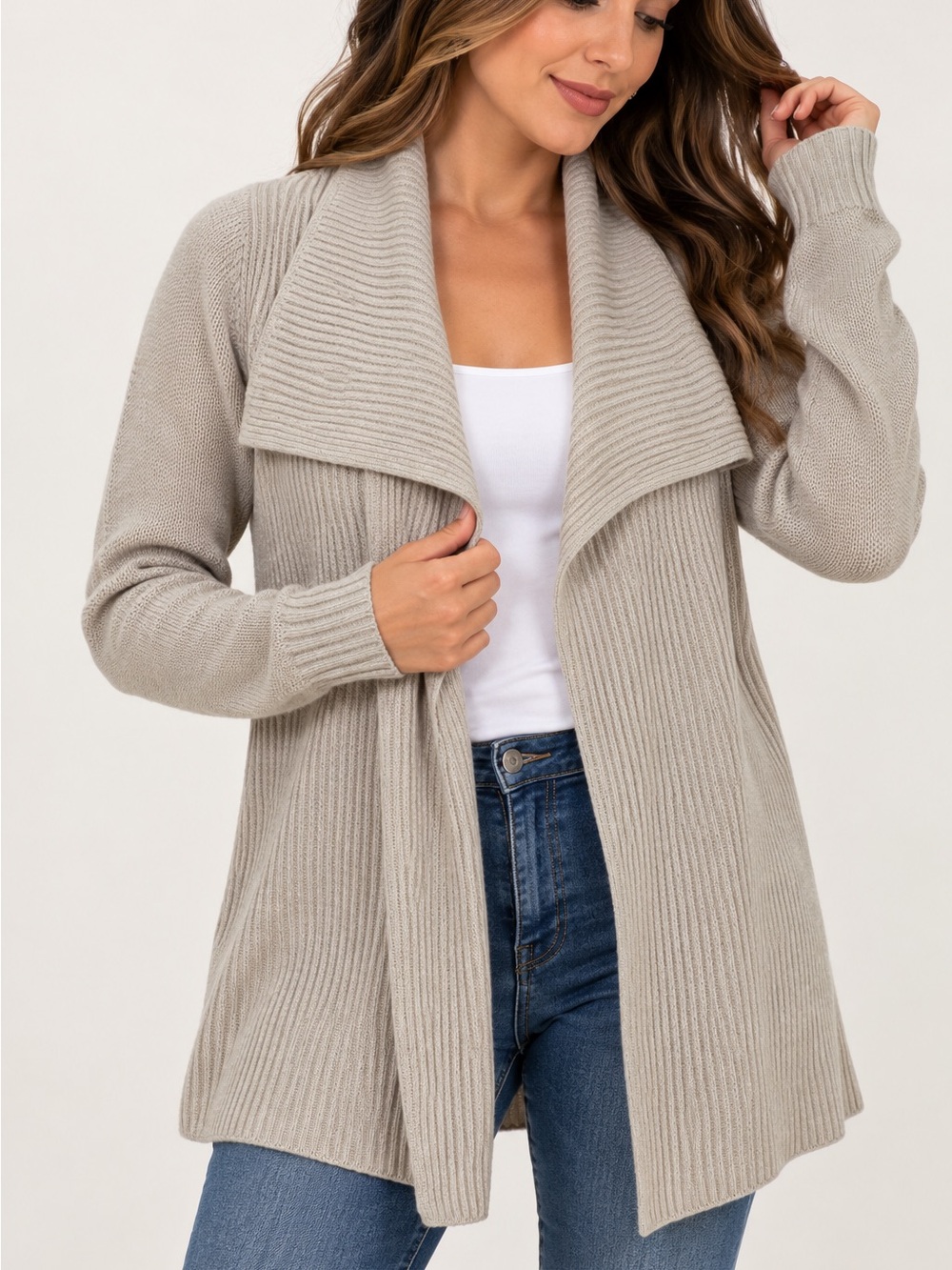 Vince Ribbed Open-Front Cardigan in Taupe